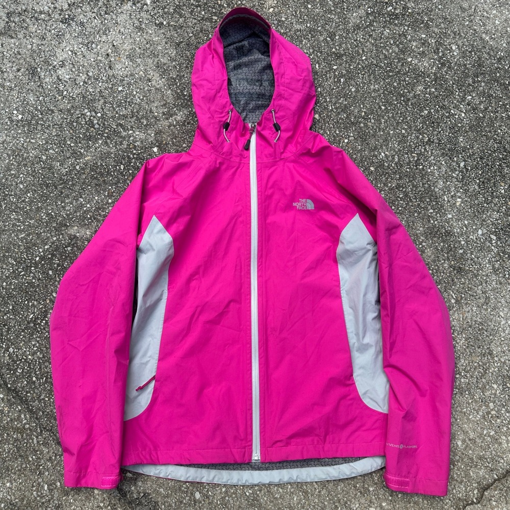 The North Face HyVent FlashDry Rain Jacket Womens L Pink Grey Full Zip Hooded
